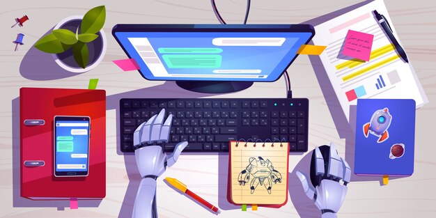 Espacio de trabajo con robot trabajando en la vista superior del teclado de la computadora.