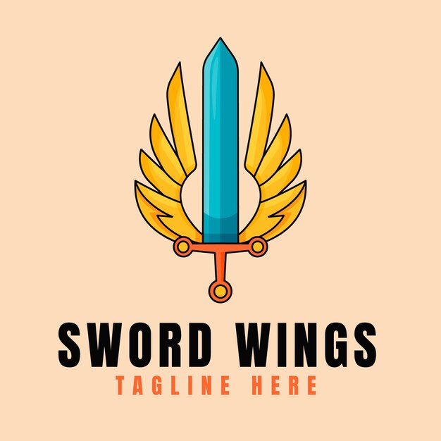 Espada dibujada a mano con plantilla de logotipo de alas