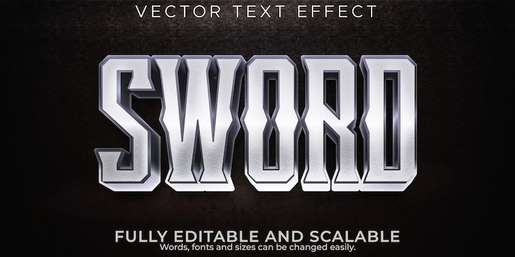 Vector gratuito espada efecto de texto metálico estilo de texto editable de guerrero y caballero