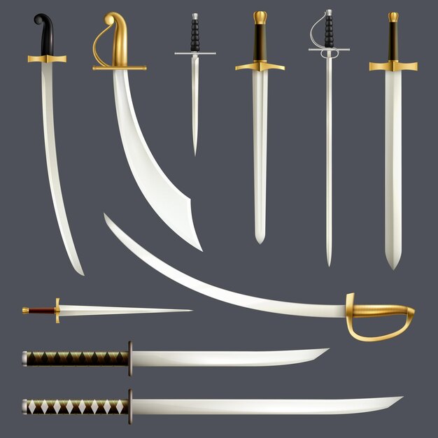 Espadas medievales hojas formas bordes curvaturas variedades cuchillo daga arma conjunto honor autoridad símbolo realista vector ilustración