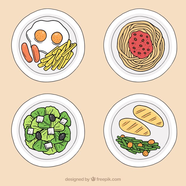 Espagueti, carne, huevos y ensalada