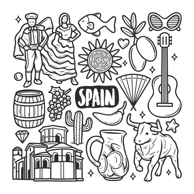 España iconos dibujados a mano Doodle para colorear