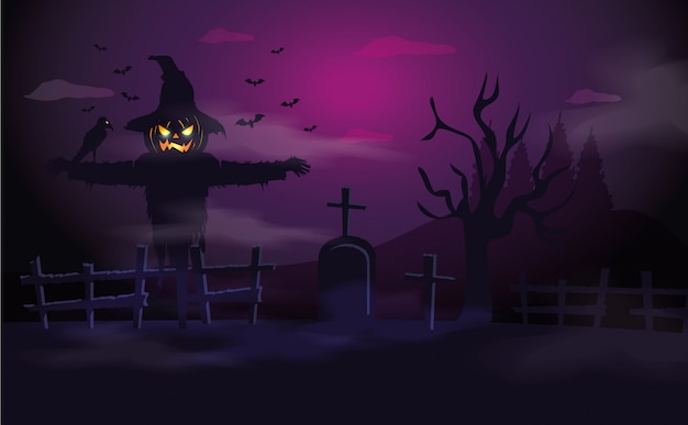 Espantapájaros con tumba en escena de halloween