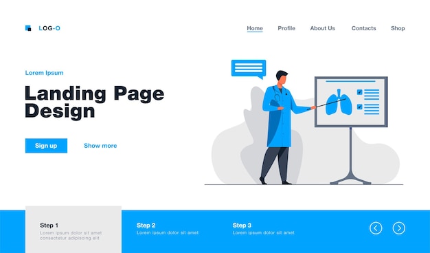 Especialista médico que brinda información sobre la página de inicio de los pulmones en estilo plano