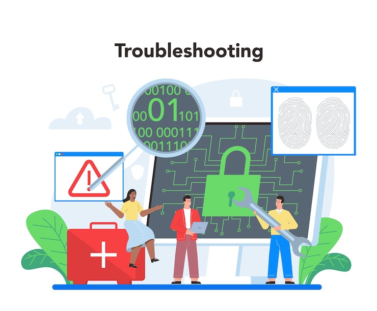 Vector gratuito especialista en seguridad informática idea de protección y seguridad de datos digitales tecnología moderna para la prevención de delitos virtuales protección antihacker de la información ilustración vectorial plana