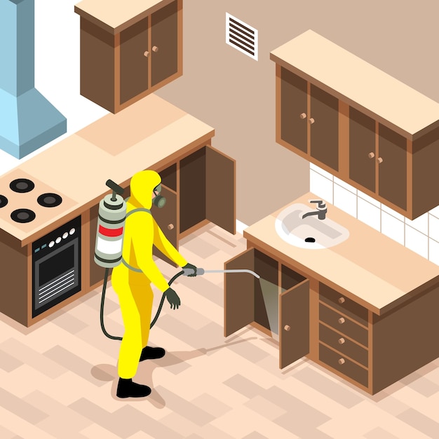 Especialista en el servicio de control de plagas en traje protector usando insecticida en la cocina ilustración vectorial isométrica 3d