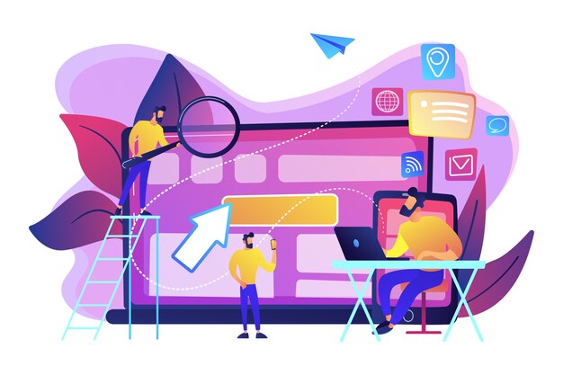 El especialista en TI identifica al usuario en dispositivos móviles, portátiles y tabletas. Seguimiento y capacidad multidispositivo, concepto de uso multidispositivo sobre fondo blanco. Ilustración aislada violeta vibrante brillante