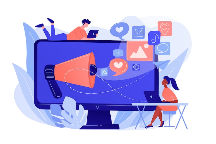 Vector gratuito especialistas en marketing y computadora con megáfono e íconos de redes sociales. marketing en redes sociales, redes sociales, concepto de marketing en internet. ilustración aislada de bluevector coral rosado