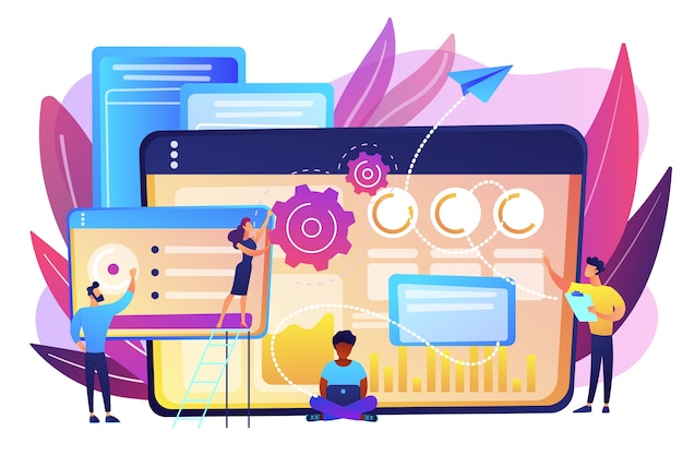 Los especialistas en SEO trabajan en el tráfico de búsqueda orgánico de alta calidad para sitios web. Equipo de análisis de SEO, optimización de SEO, concepto de promoción de internet. Ilustración aislada violeta vibrante brillante
