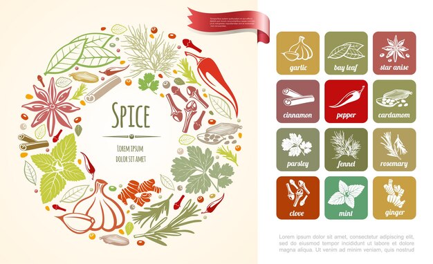 Especias frescas para cocinar redondas con plantas saludables en la ilustración de estilo dibujado a mano