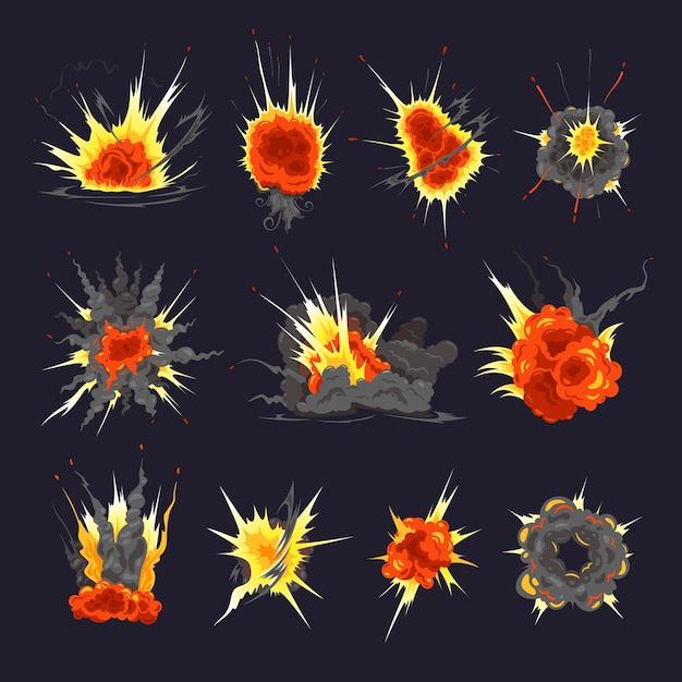 Espectaculares explosiones de bombas nucleares atómicas escombros fuego explosión nubes formas coloridas contra fondo negro vector ilustración