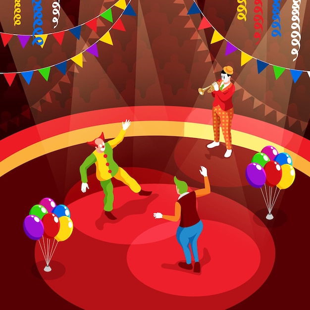 Vector gratuito espectáculo de circo con payasos divertidos tocando la trompeta y bailando en el escenario ilustración vectorial isométrica