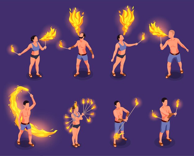 Espectáculo de fuego iconos isométricos con artistas callejeros masculinos y femeninos ilustraciones vectoriales aisladas