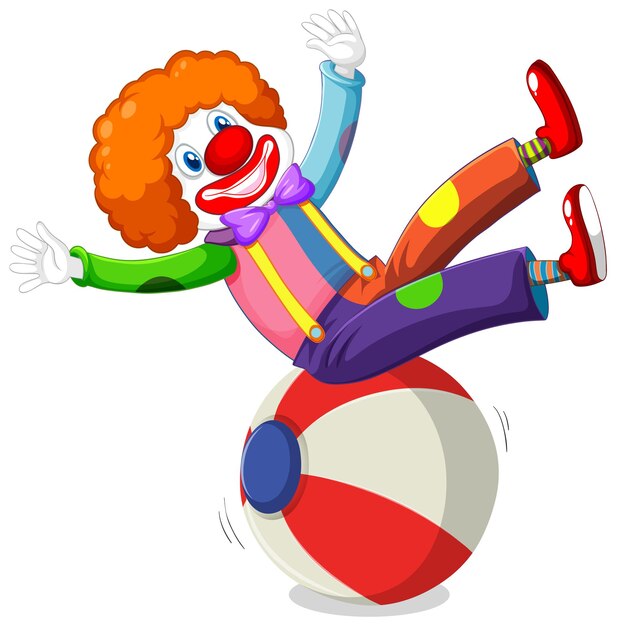 Espectáculo de personajes de payaso sentado en la pelota aislada en blanco