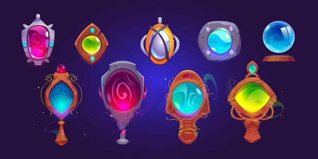 Espejos amuletos mágicos y esfera de cristal.