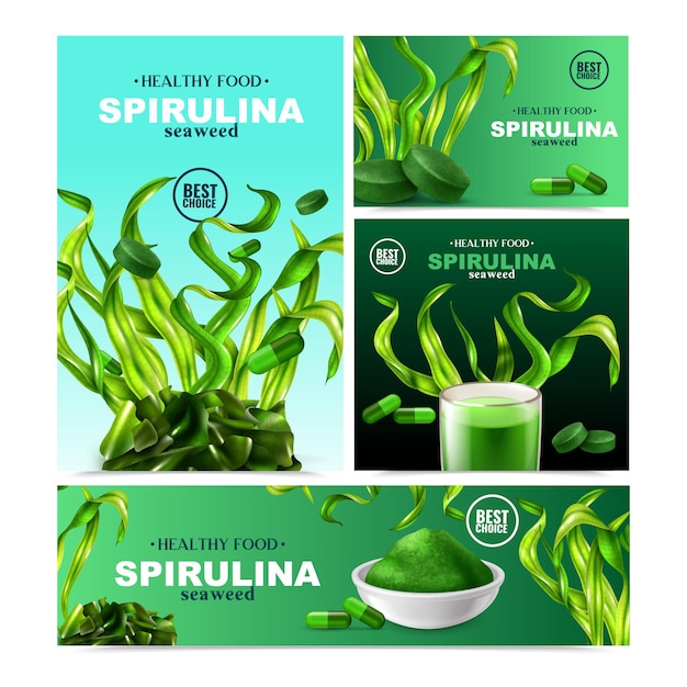 Vector gratuito espirulina realista conjunto de cuatro pancartas con productos listos para plantas de agua de colores