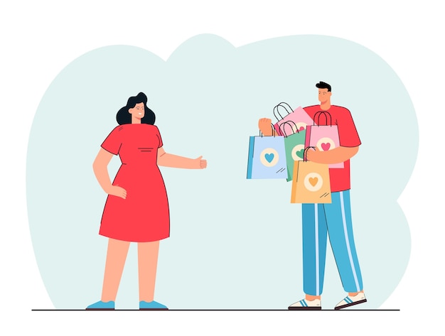 Esposo cargando bolsas de compras para su esposa. pareja yendo de compras juntos ilustración vectorial plana. compras, venta, marketing, amor, concepto familiar para banner, diseño de sitios web o página web de destino