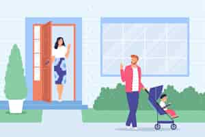 Vector gratuito esposo saliendo de casa para caminar con el niño y saludando a la esposa de pie en la puerta delantera ilustración vectorial plana