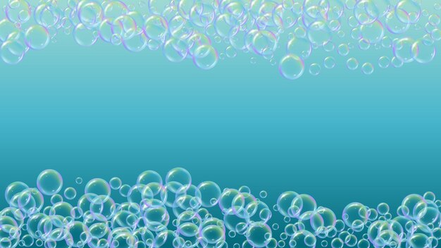 Espuma de limpieza Burbuja de jabón Espuma de detergente para baño Champú Póster de ilustración vectorial 3d Aerosol y salpicaduras de moda Marco y borde de agua realista Espuma de limpieza líquida de color azul