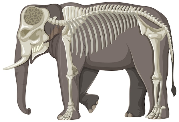 El esqueleto de elefante sobre fondo blanco.