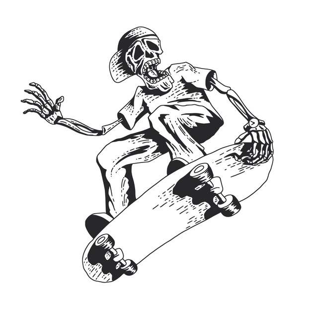 Esqueleto jugando patineta