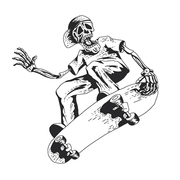 Esqueleto jugando patineta