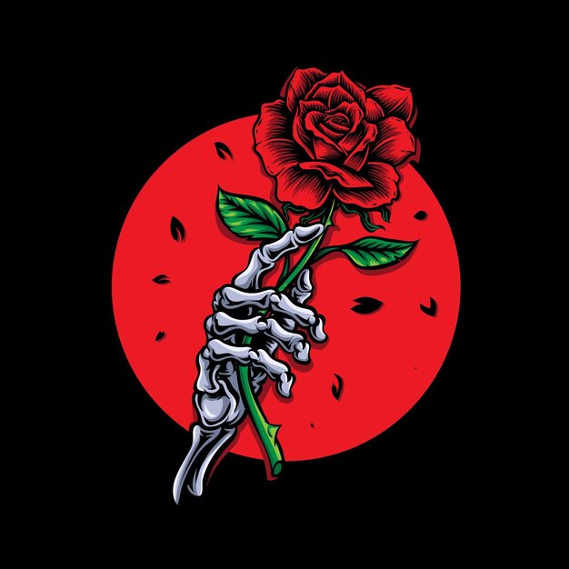 esqueleto, mano, tenencia, rosa, vector