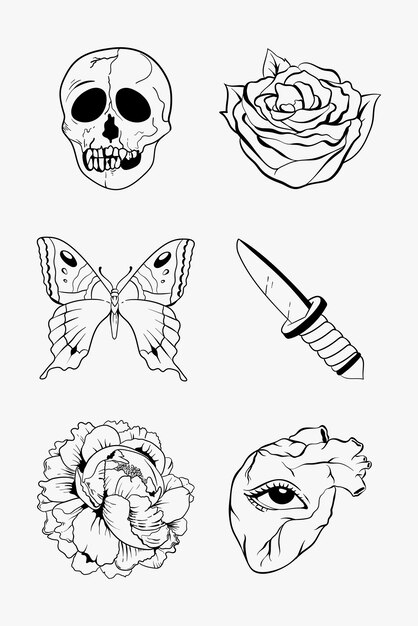Esquema blanco y negro vieja escuela flash tatuaje diseño vector conjunto