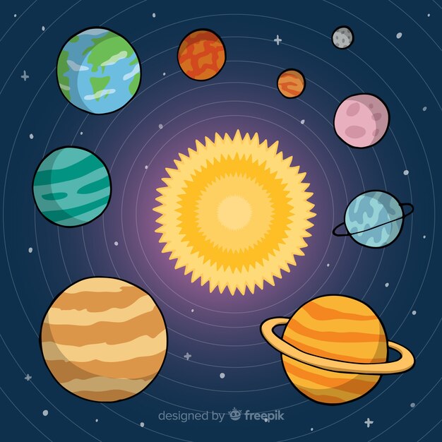 Esquema clásico de sistema solar dibujado a mano