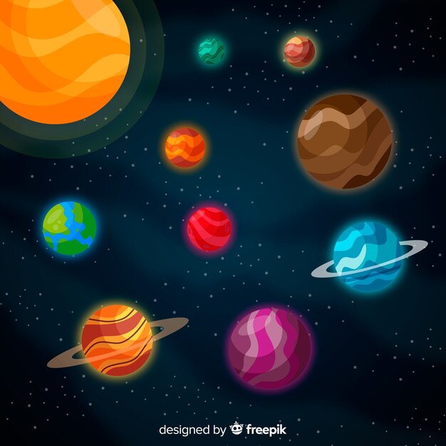 Esquema clásico de sistema solar con diseño plano