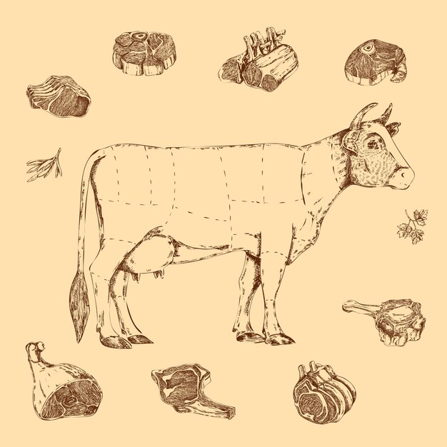 Esquema dibujado a mano de carne de carne de res con letras de vaca y hierbas en beige