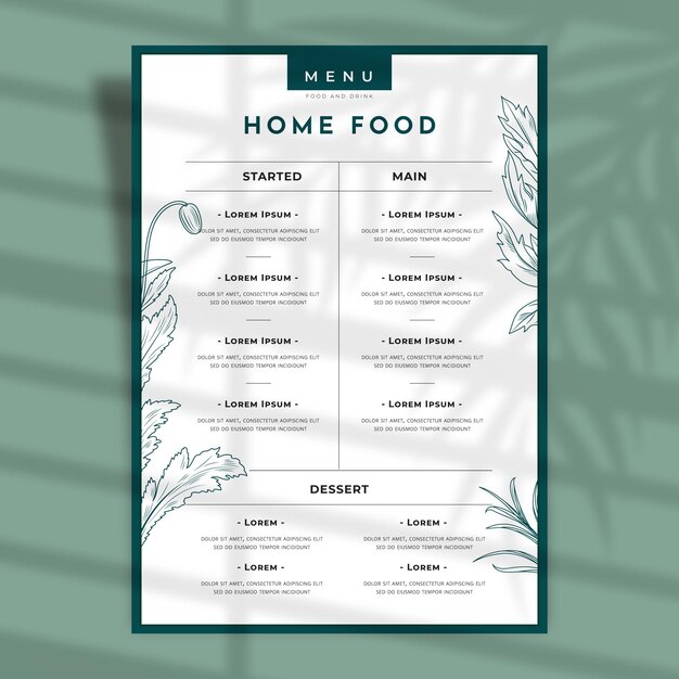 Esquema de flores y hojas del menú del restaurante