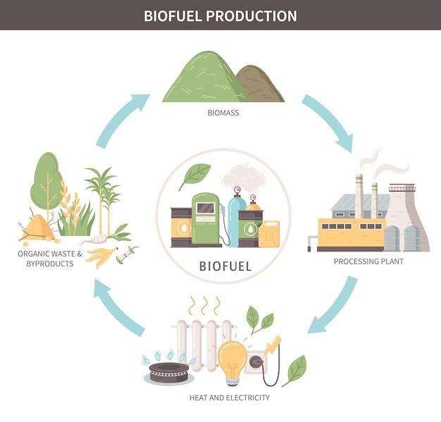 Vector gratuito esquema de infografías planas de producción de biocombustibles a partir de desechos orgánicos y subproductos hasta ilustraciones vectoriales planas de calor y electricidad