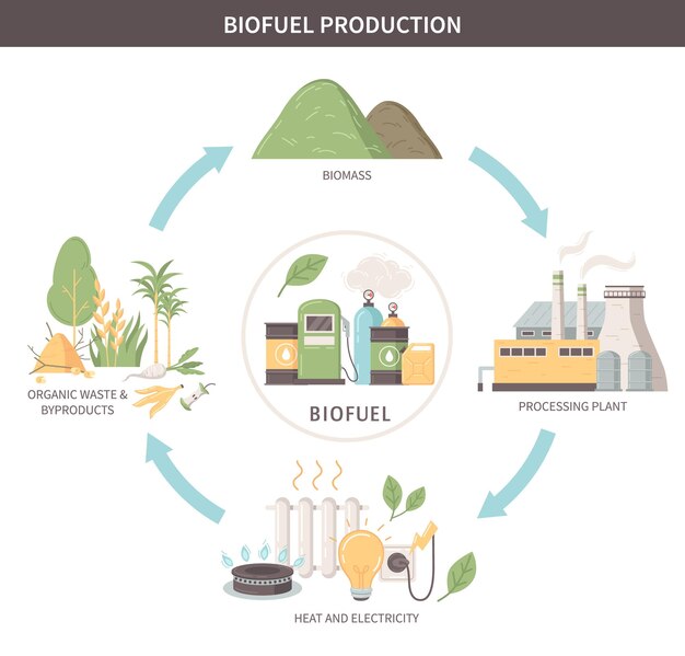 Esquema de infografías planas de producción de biocombustibles a partir de desechos orgánicos y subproductos hasta ilustraciones vectoriales planas de calor y electricidad