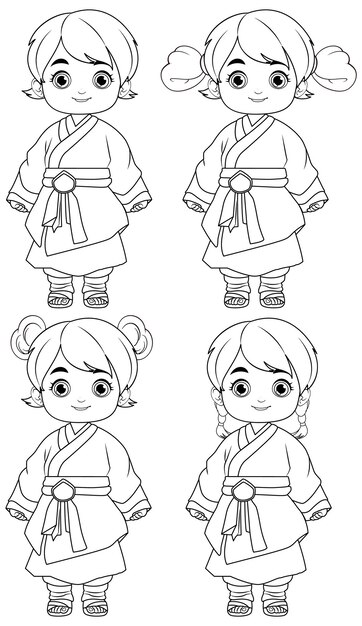 Esquema de personajes de dibujos animados asiáticos para colorear