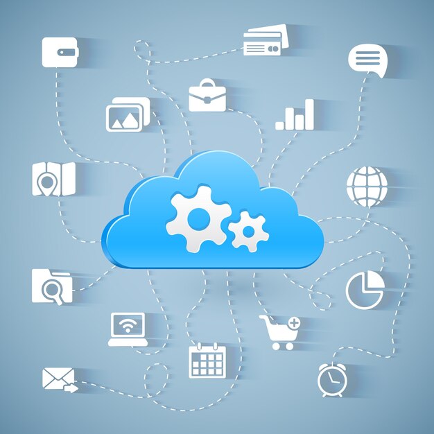 Esquema de tecnología de computación en la nube con largas sombras