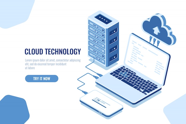 El esquema de transmisión de datos, conexión isométrica segura, cloud computing, sala de servidores, centro de datos.