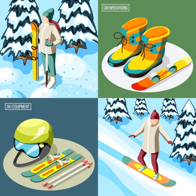 Esquiador de concepto de diseño isométrico de la estación de esquí con equipamiento deportivo y snowboarder en la ilustración aislada pendiente