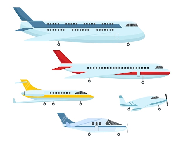 Se establecen diferentes tipos de planos de ilustraciones vectoriales planas. avión de pasajeros o avión, jets o aviones para aerolíneas, transporte aéreo aislado sobre fondo blanco. aviación, concepto de transporte