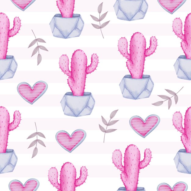 Vector gratuito establecer acuarela de patrones sin fisuras con cactus y corazones, elemento de concepto de san valentín acuarela aislado encantadores corazones rojo-rosa románticos para la decoración, ilustración.