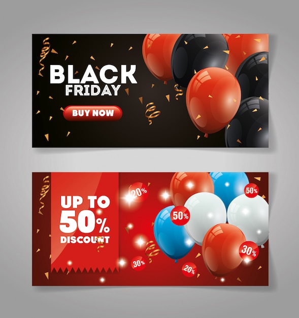 Vector gratuito establecer banner viernes negro con globos decoración de helio