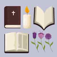 Vector gratuito establecer biblia con velas y plantas de flores para el evento
