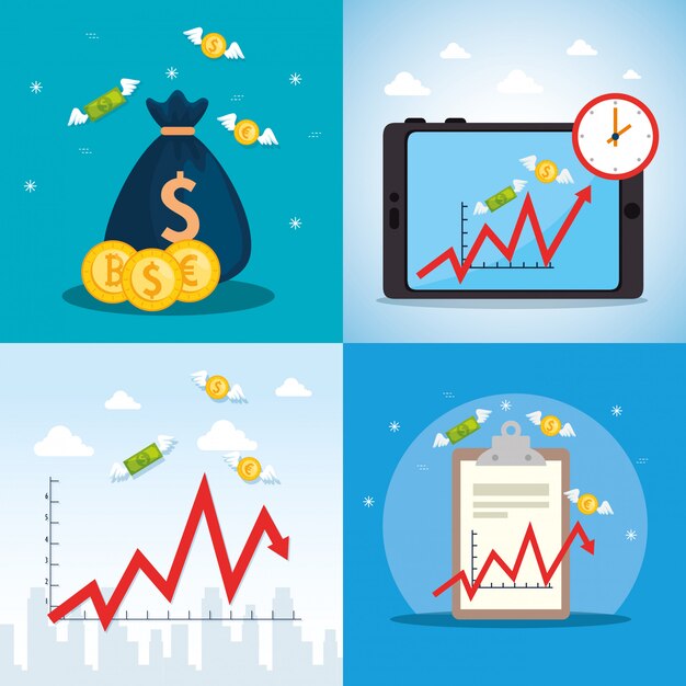 Establecer cartel de caída del mercado de valores con iconos