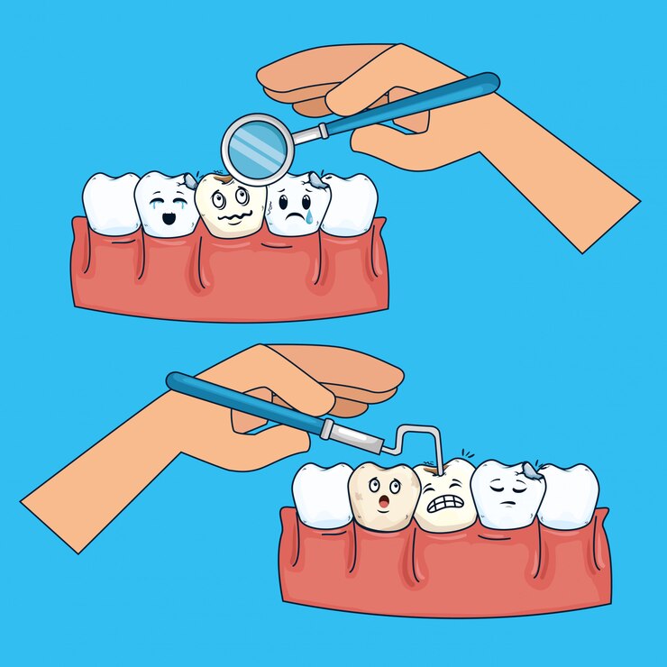Vector gratuito establecer cuidado de la salud dental con espejo bucal