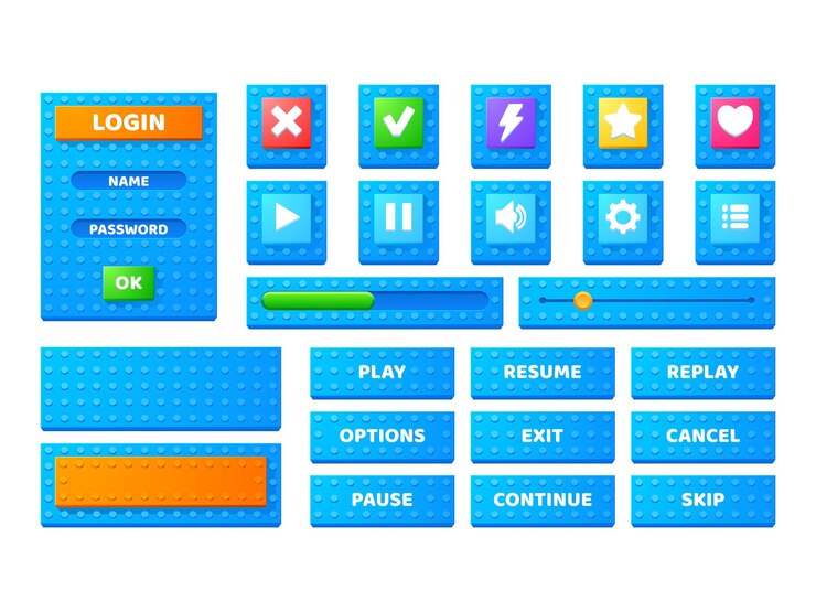 Vector gratuito establecer elementos del menú del juego bloque textura de juguete botones de dibujos animados opciones barras de progreso interfaz de diseño de interfaz de usuario paneles de configuración de usuario con control deslizante detener pausa y flechas flash o teclas de estrella iconos vectoriales