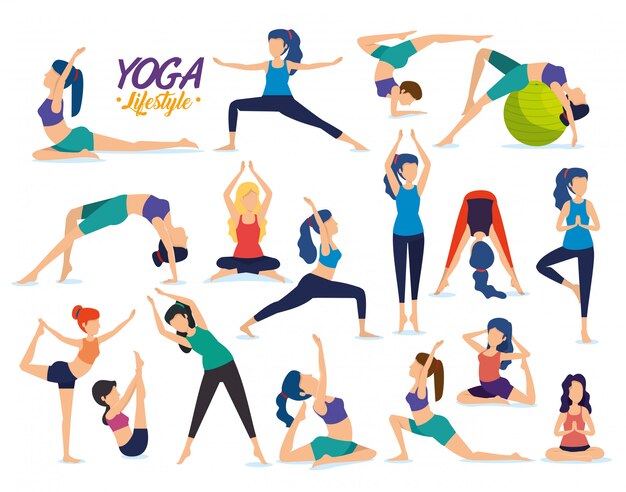 Establecer fitness mujeres practican postura de yoga