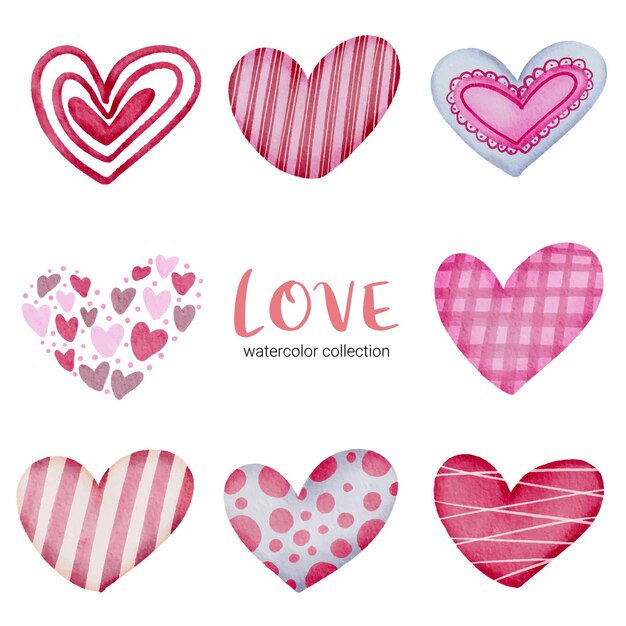 Establecer icono de corazones pintados con colores de agua y diferentes texturas, elemento de concepto de San Valentín acuarela aislado encantadores corazones rojo-rosa románticos para decoración, ilustración.