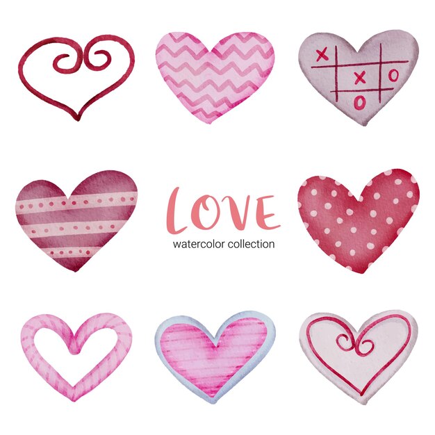 Establecer icono de corazones pintados con colores de agua y diferentes texturas, elemento de concepto de San Valentín acuarela aislado encantadores corazones rojo-rosa románticos para decoración, ilustración.