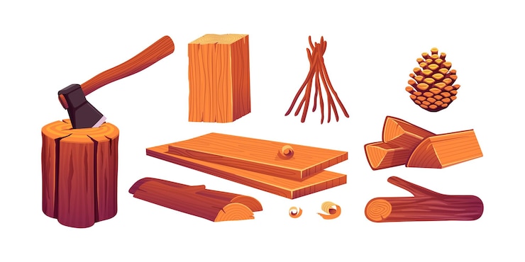 Vector gratuito establecer leña troncos de madera rebanadas hacha en tocón