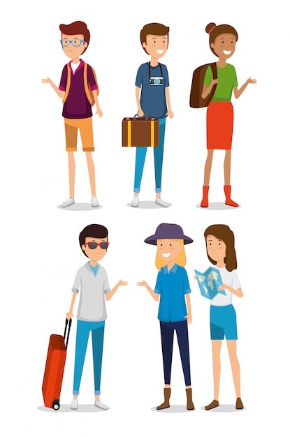 Establecer mujeres y hombres turistas con equipaje de viaje